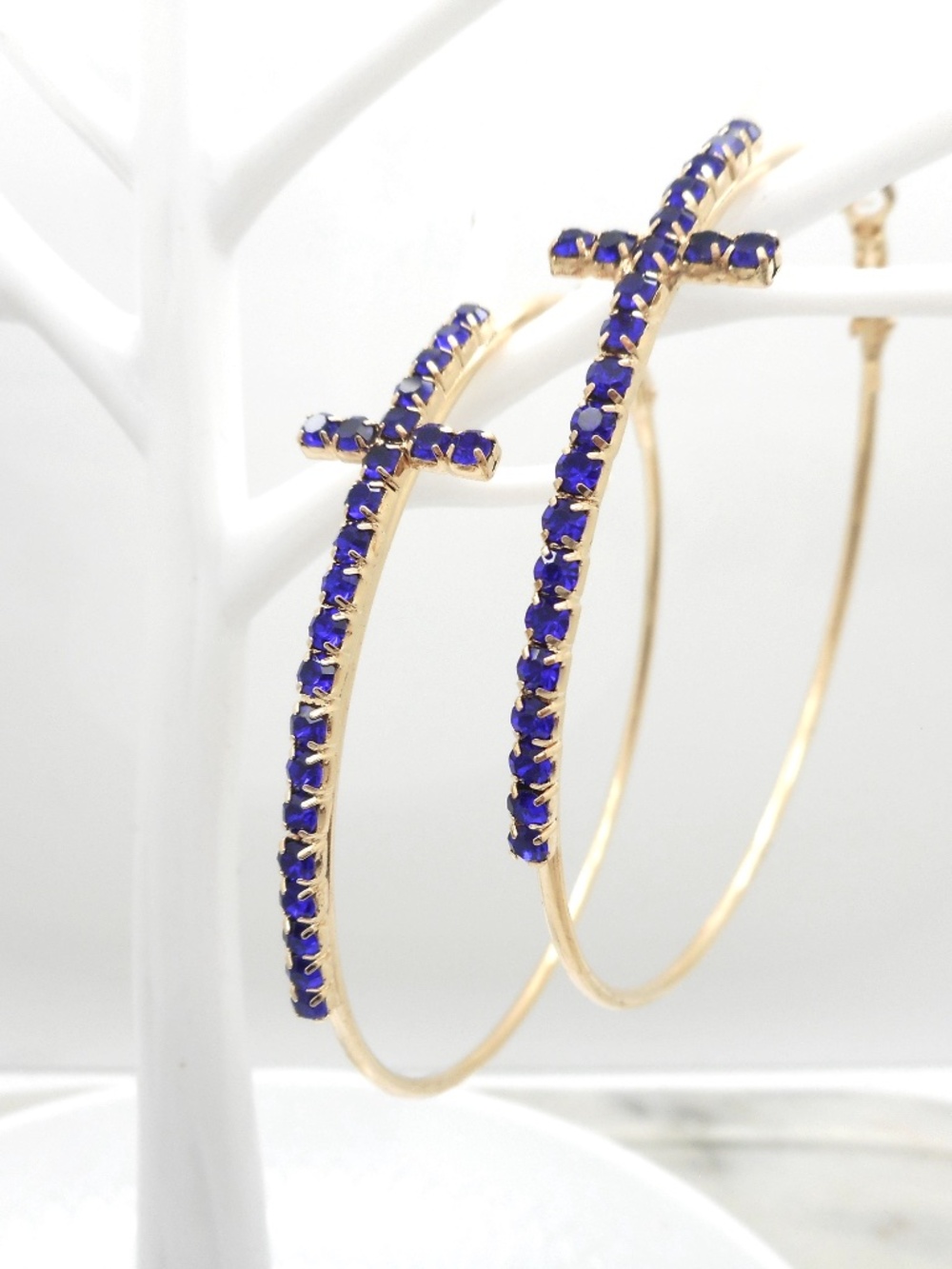 Dark Blue Crystal Cross Hoops 3 " Hoop Earrings